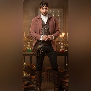 Thelees Homme Men's Brown Steampunk Pirate Colonel Button Down Jacket Size XXL